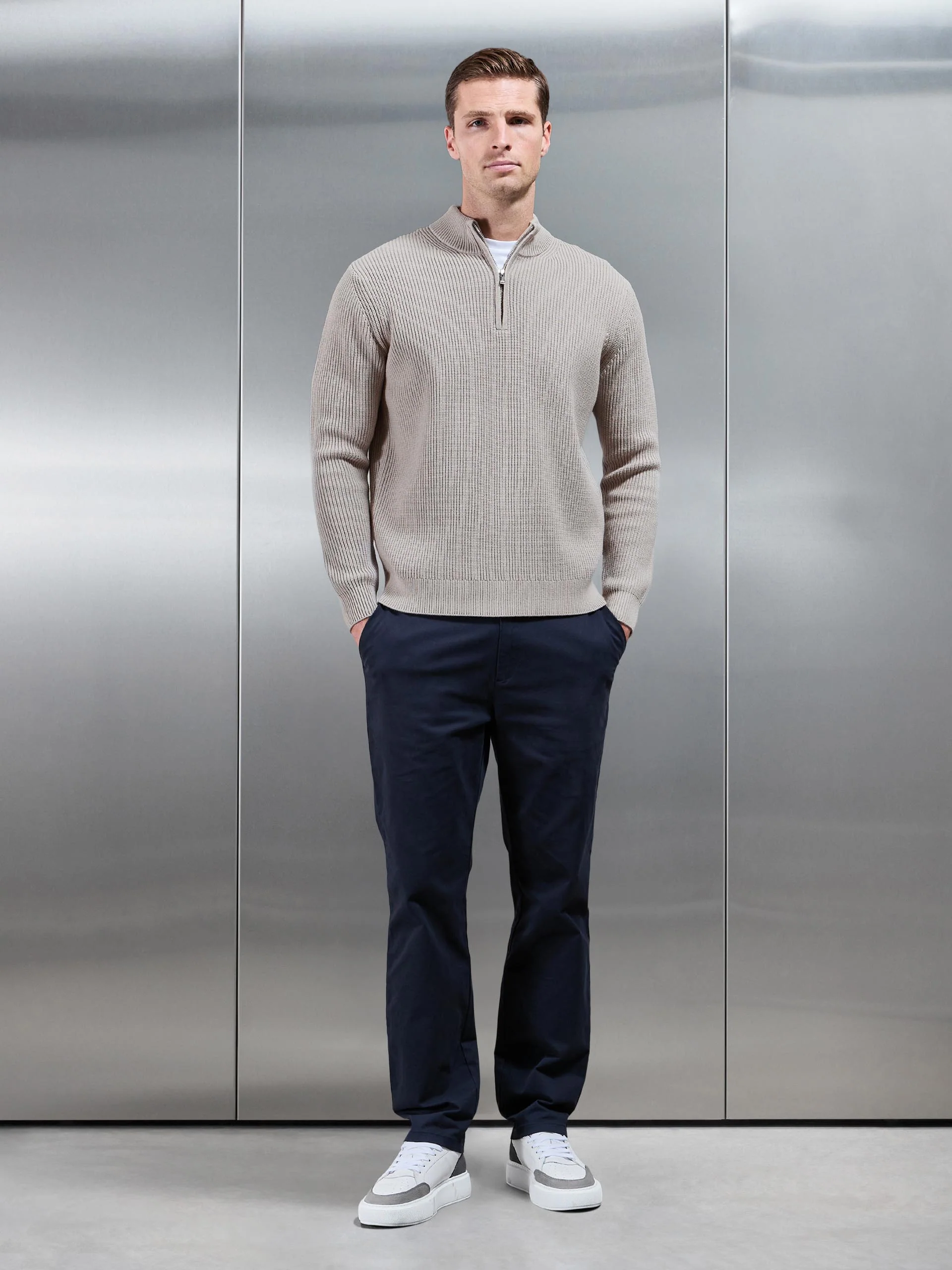 Chunky Ribbed Half Zip in Stone - Image 2