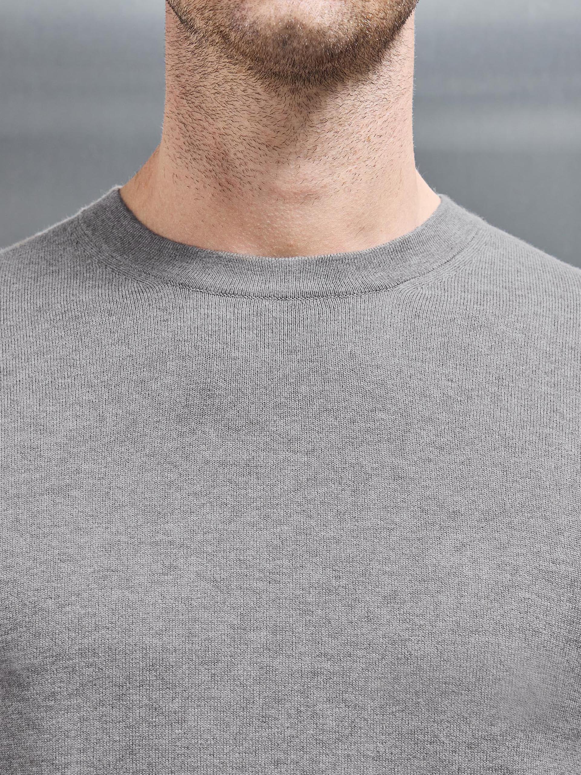 Cotton Knitted Crew Neck Sweatshirt in Taupe Marl - Image 3