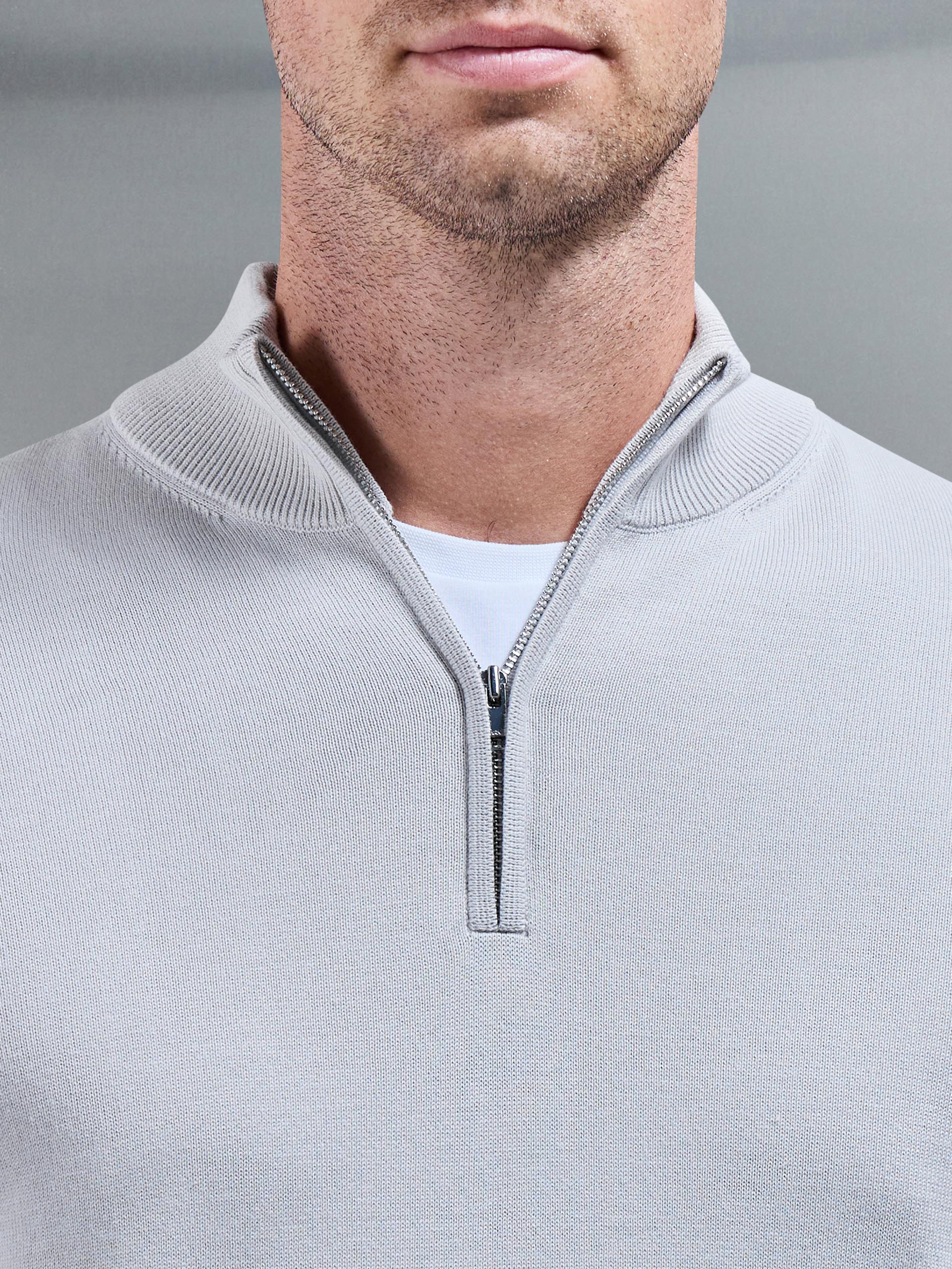Cotton Knitted Half Zip Funnel Neck Jumper in Mid Grey - Image 4