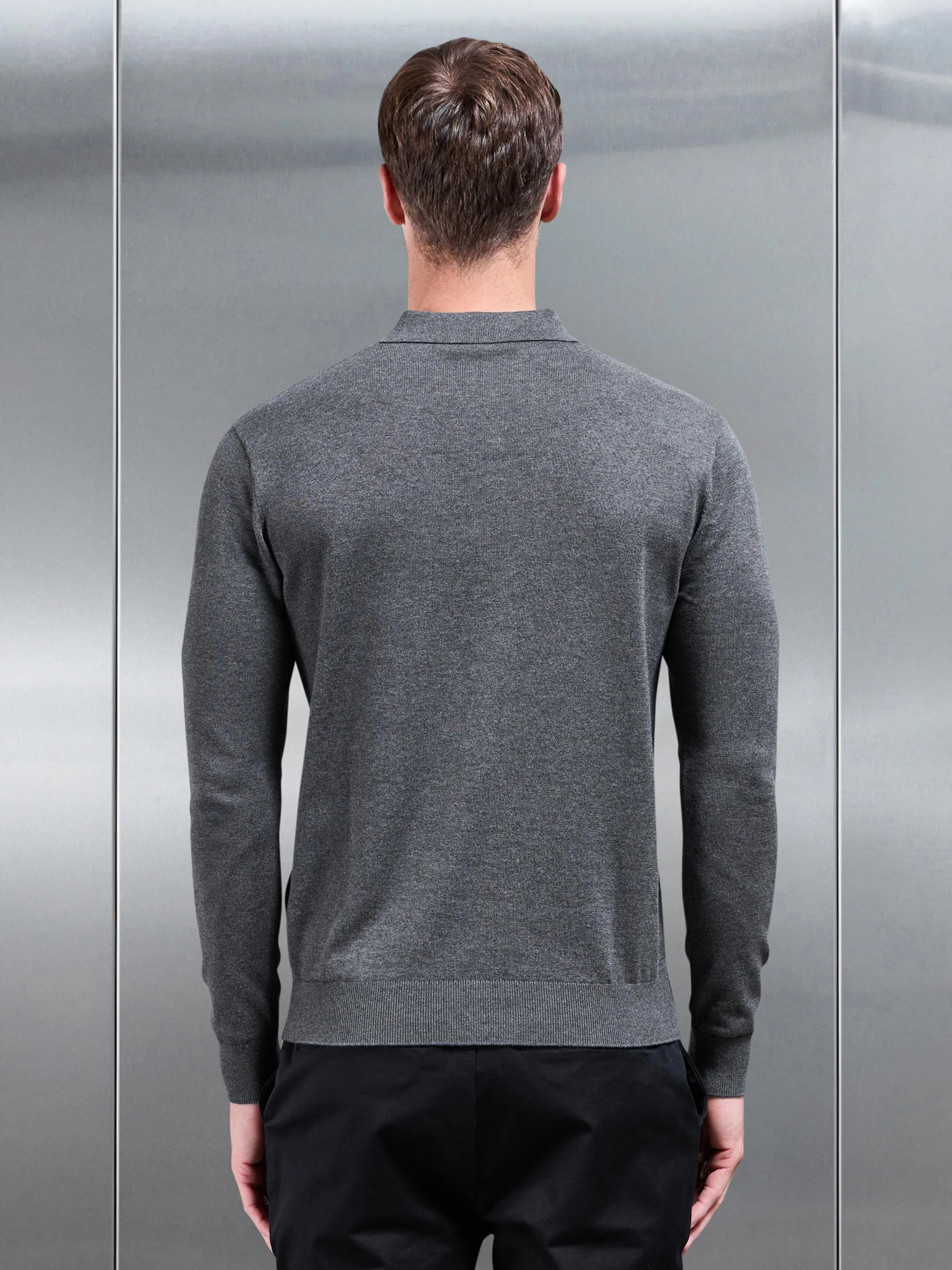 Cotton Knitted Long Sleeve Button Polo Shirt in Charcoal Marl - Image 4