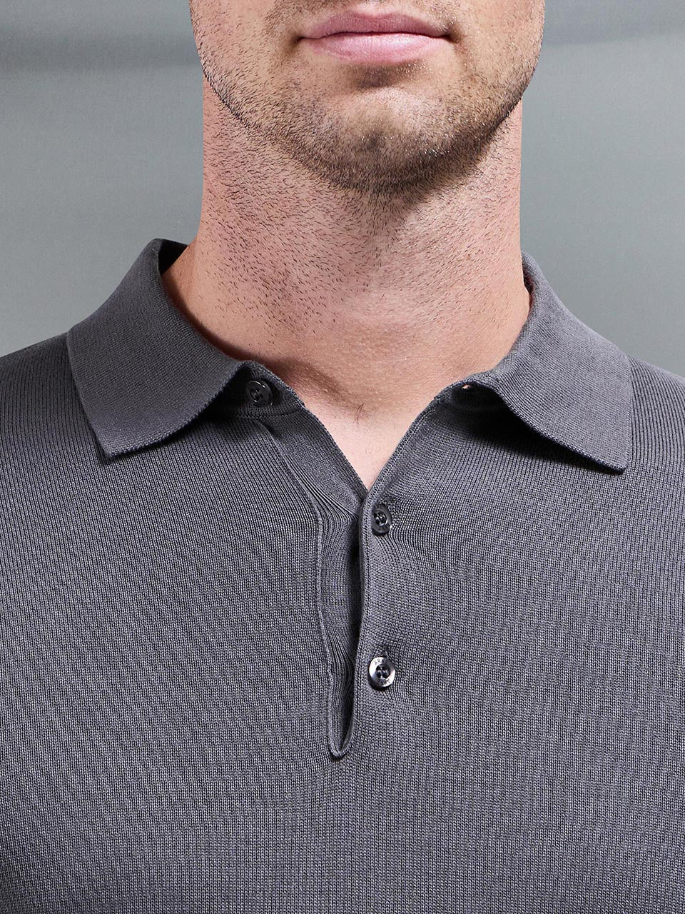 Cotton Knitted Long Sleeve Button Polo Shirt in Grey - Image 5