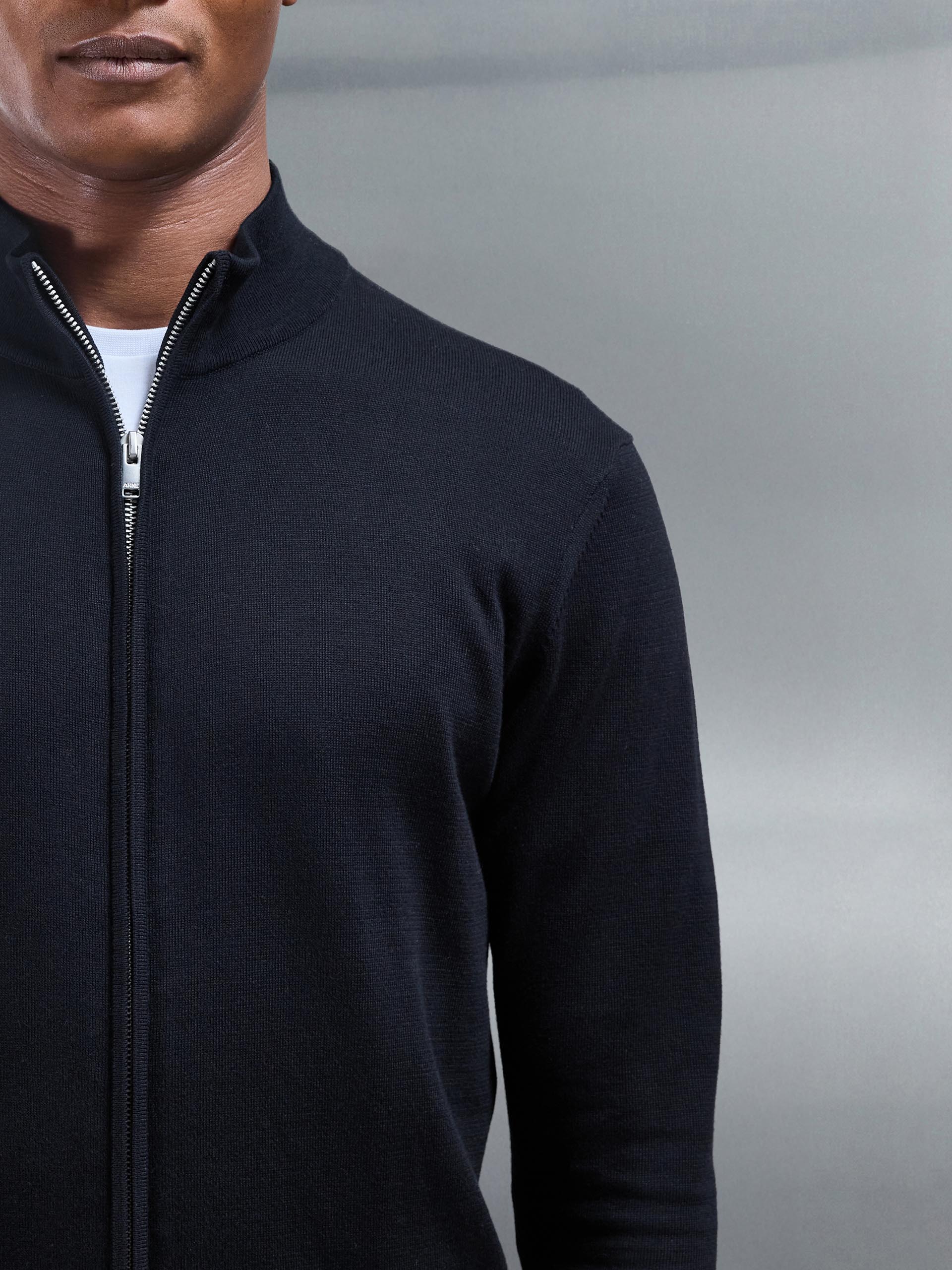 Cotton Knitted Zip Through Jacket in Black - Image 3