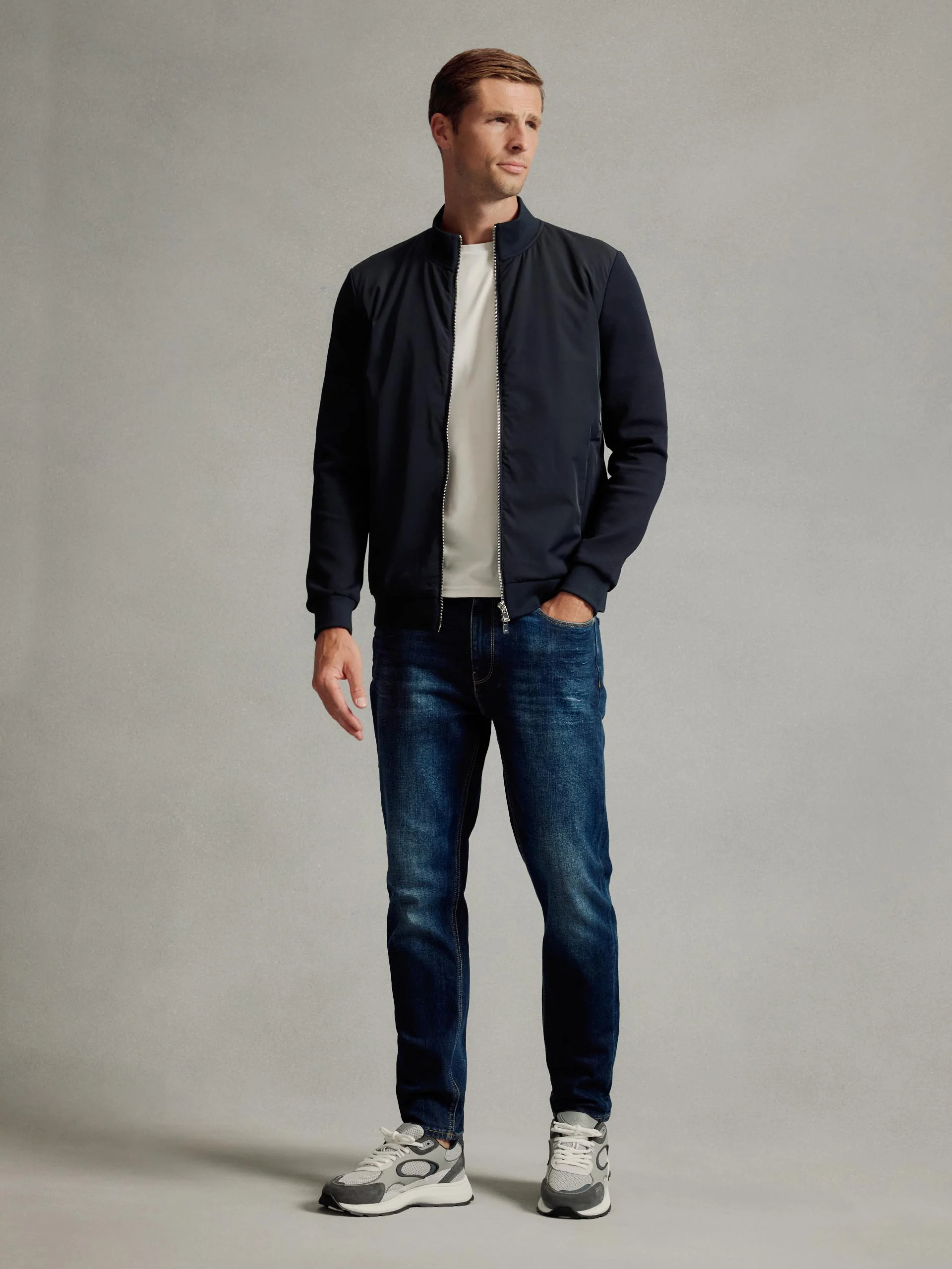 Interlock Jersey Hybrid Funnel Neck Jacket in Navy - Image 2