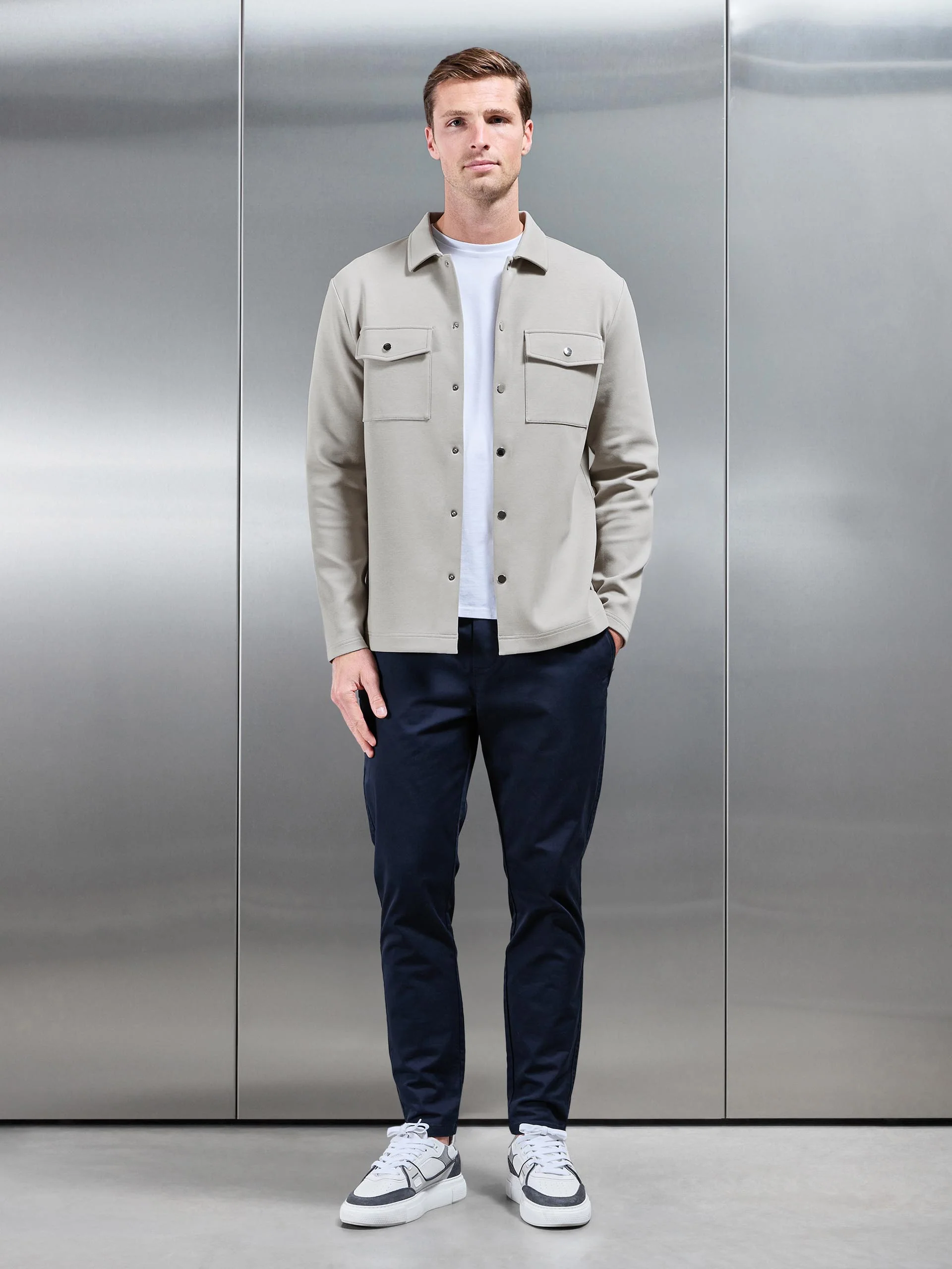 Interlock Jersey Pocket Popper Overshirt in Stone - Image 2