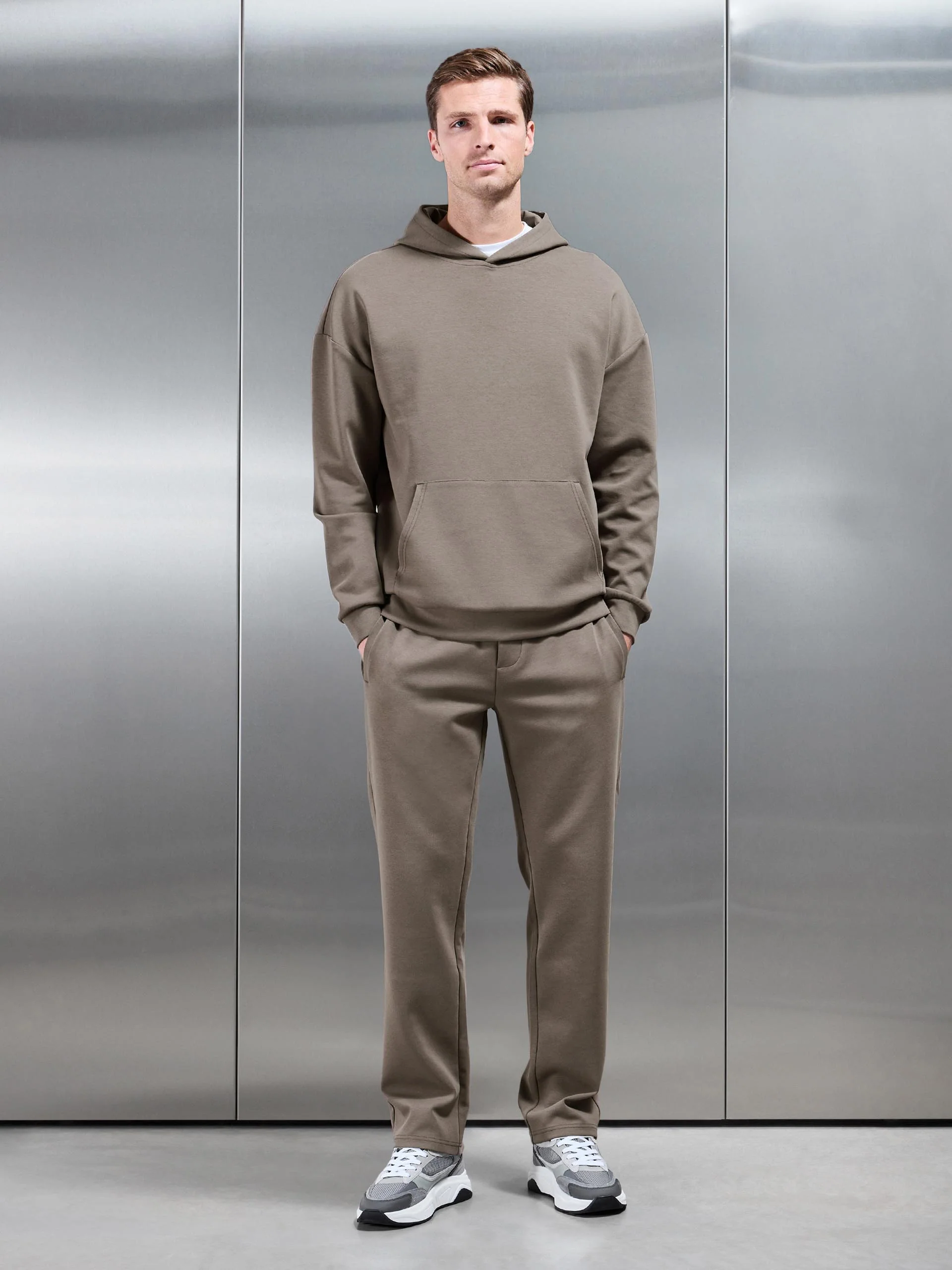 Interlock Jersey Relaxed Fit Hoodie in Taupe - Image 3