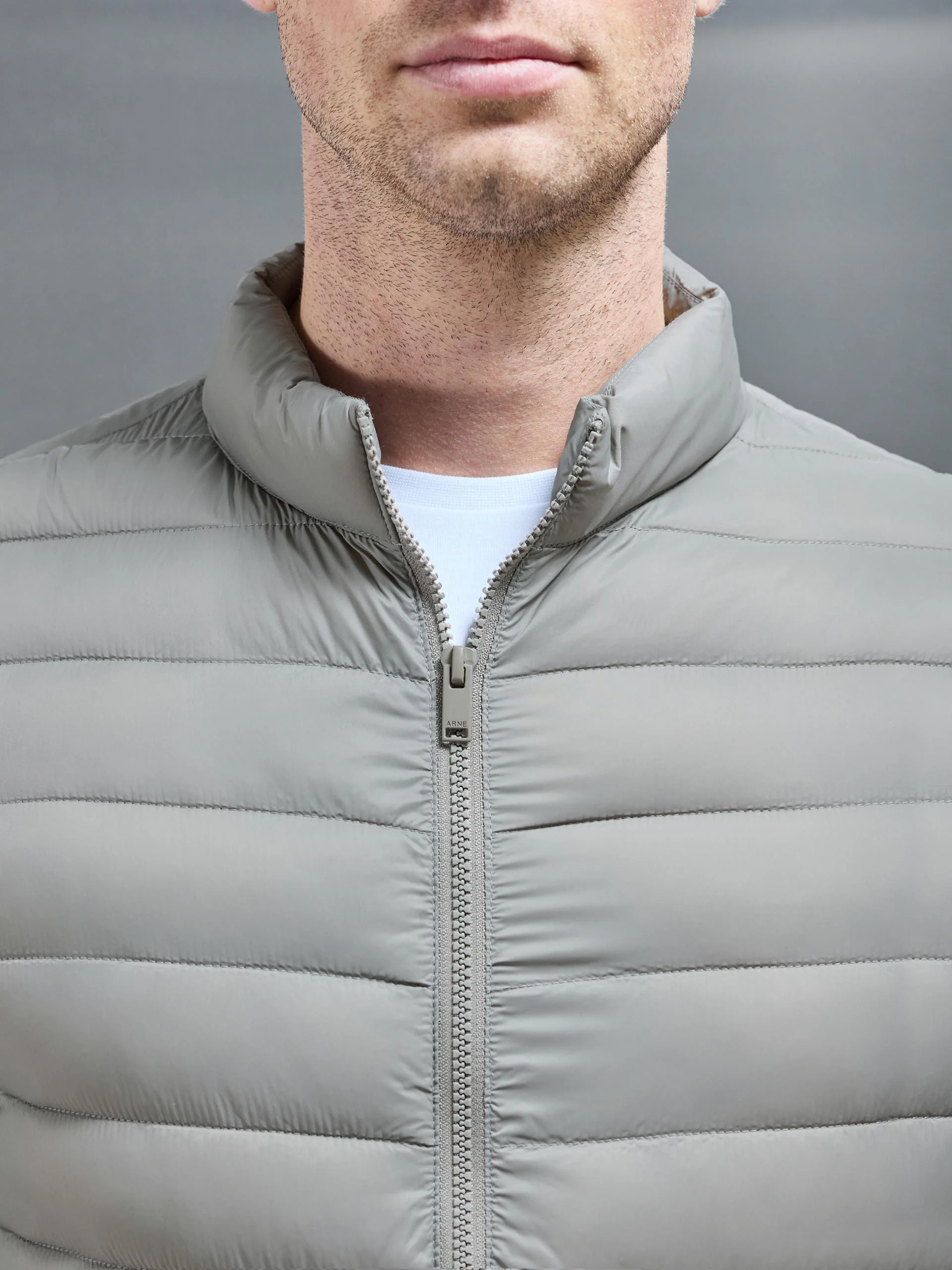 Lightweight Funnel Neck Puffer Jacket in Taupe - Image 3