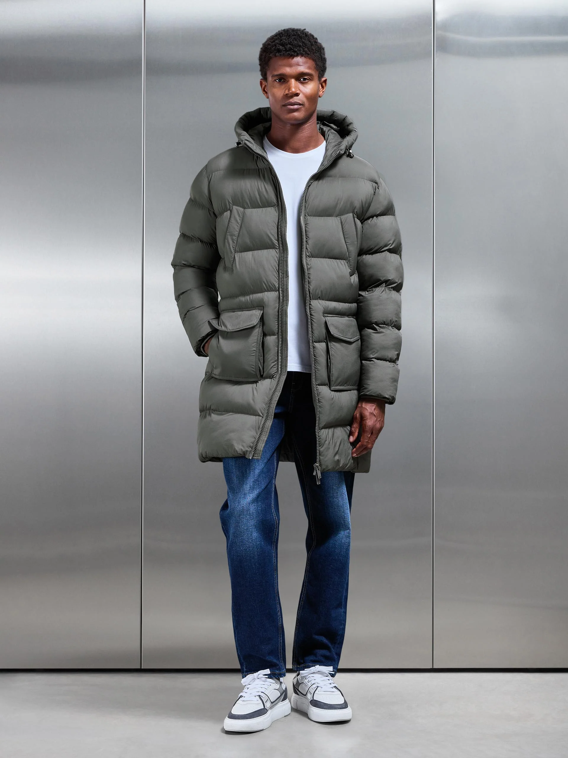 Mid Length Puffer Parka in Olive - Image 2