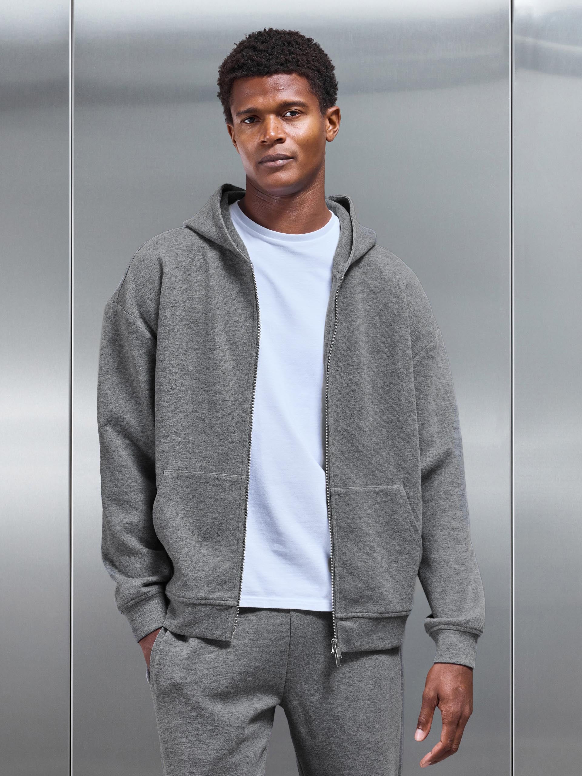 Relaxed Fit Knitted Zip Through Hoodie in Charcoal Marl - Image 7