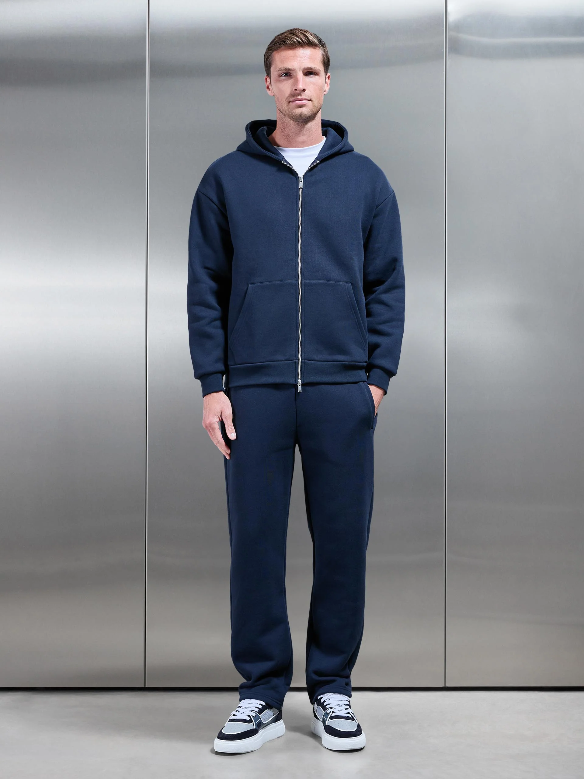 Relaxed Zip Through Hoodie in Navy - Image 6