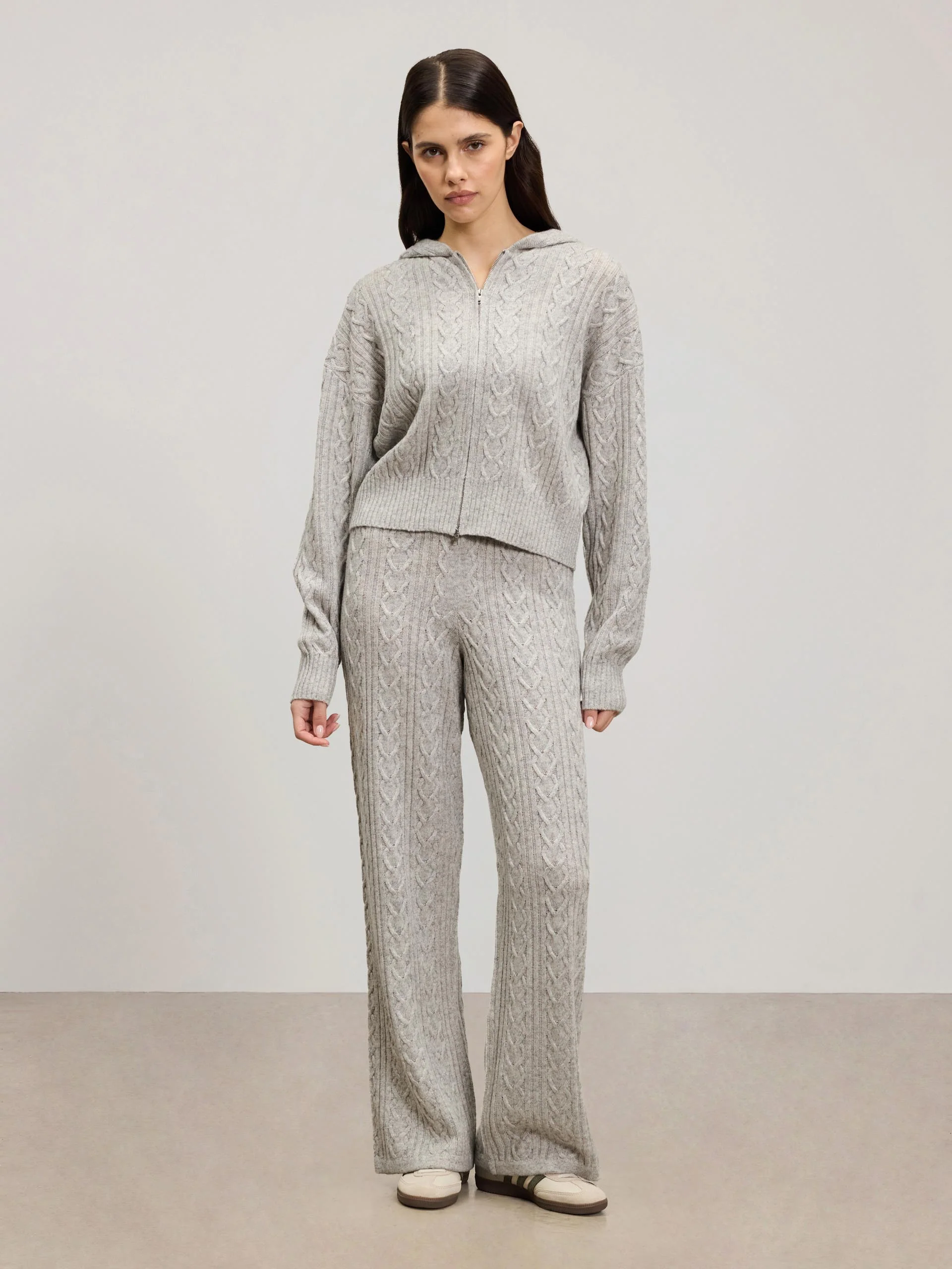 Womens Cable Knit Zip Hoodie in Grey Marl - Image 2