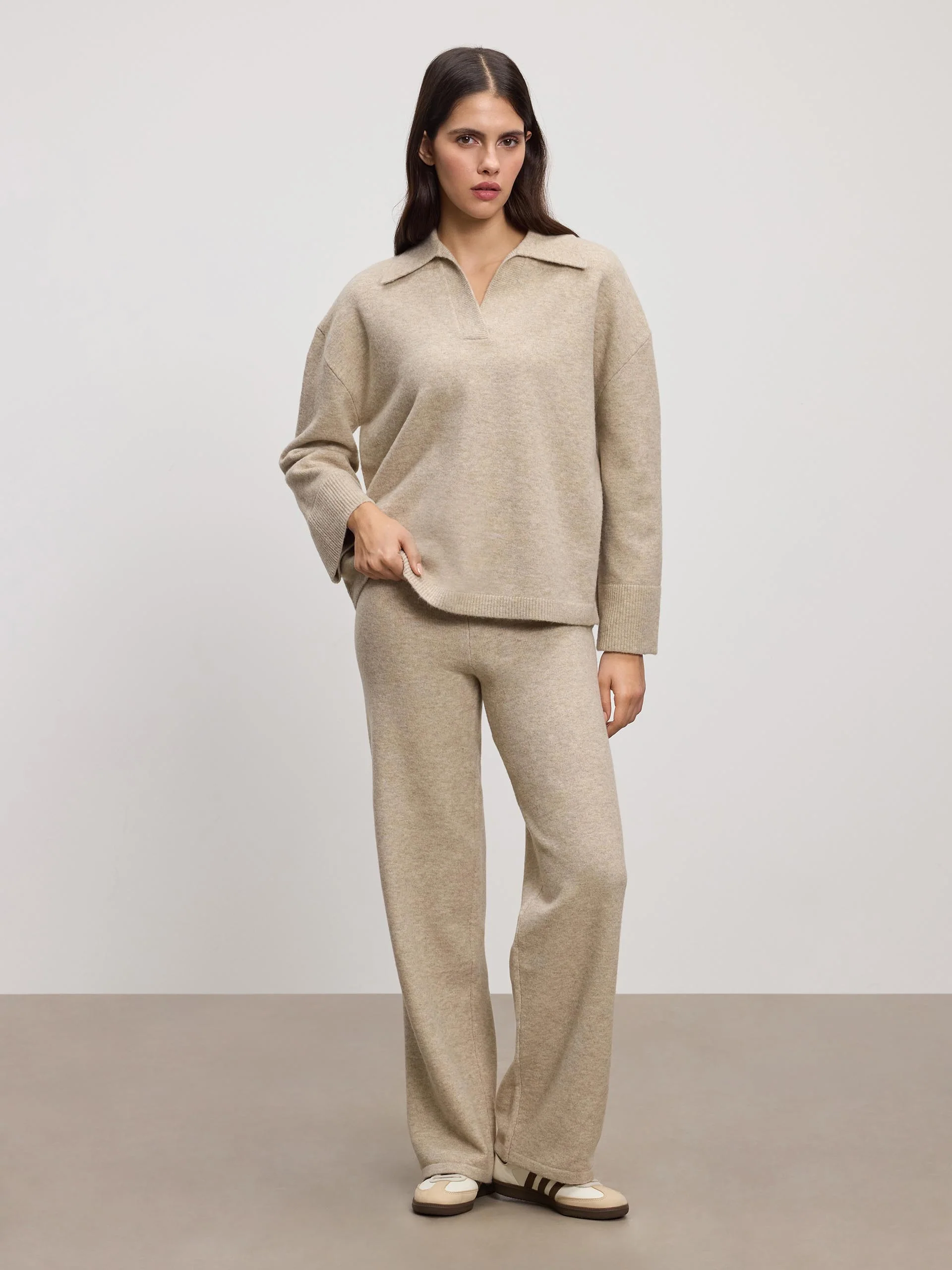 Womens Chunky Wool Revere Collar Polo in Stone - Image 2