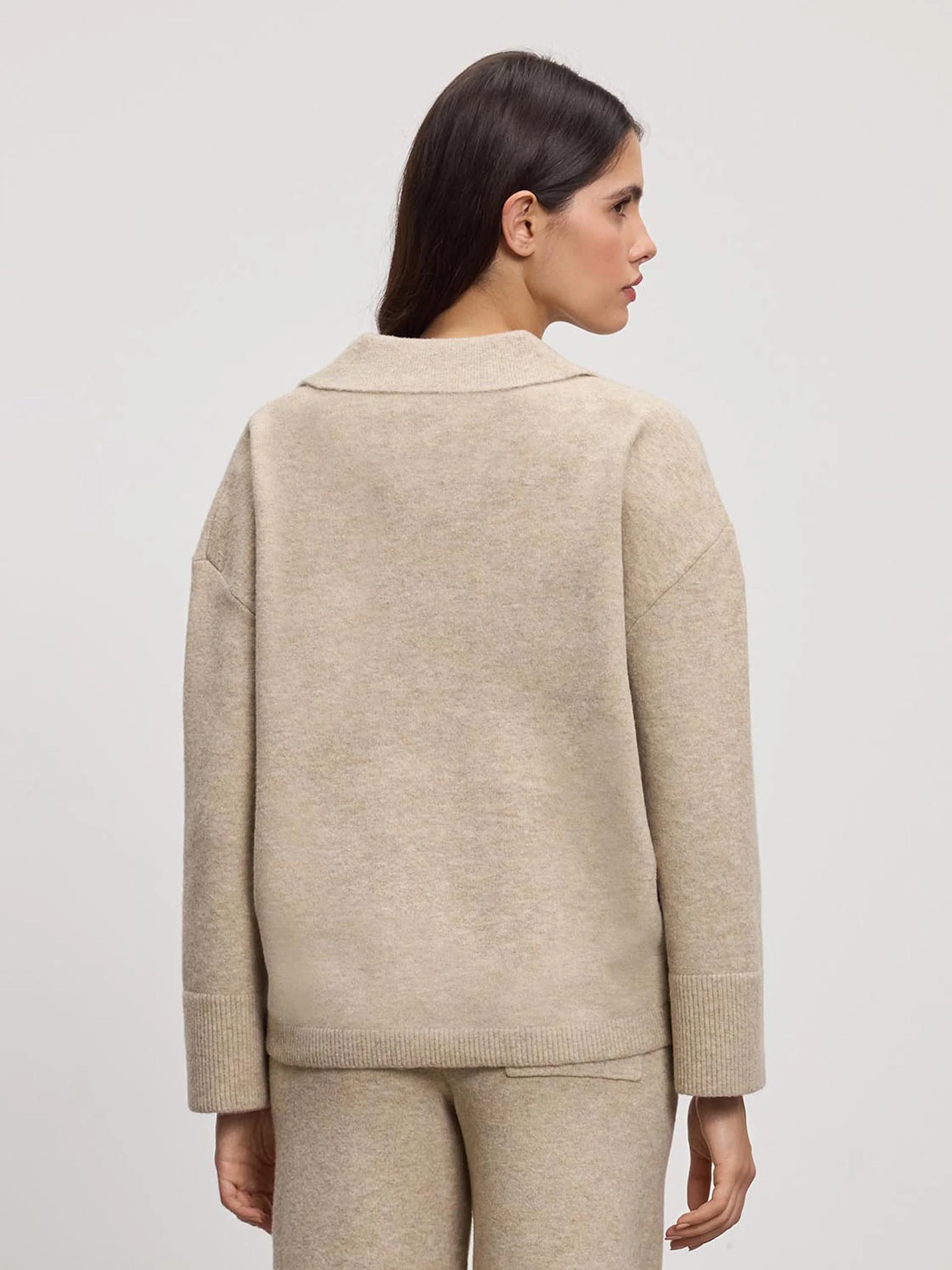 Womens Chunky Wool Revere Collar Polo in Stone - Image 3
