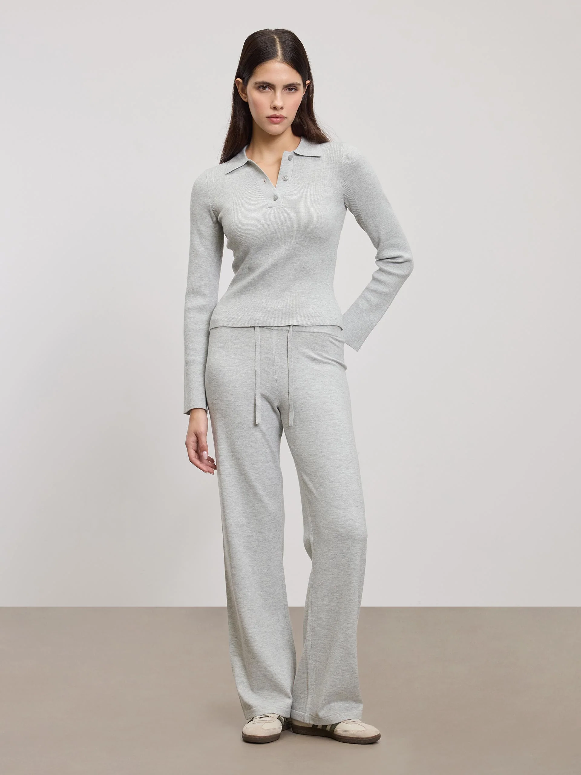 Womens Light Knit Polo Shirt in Marl Grey - Image 3