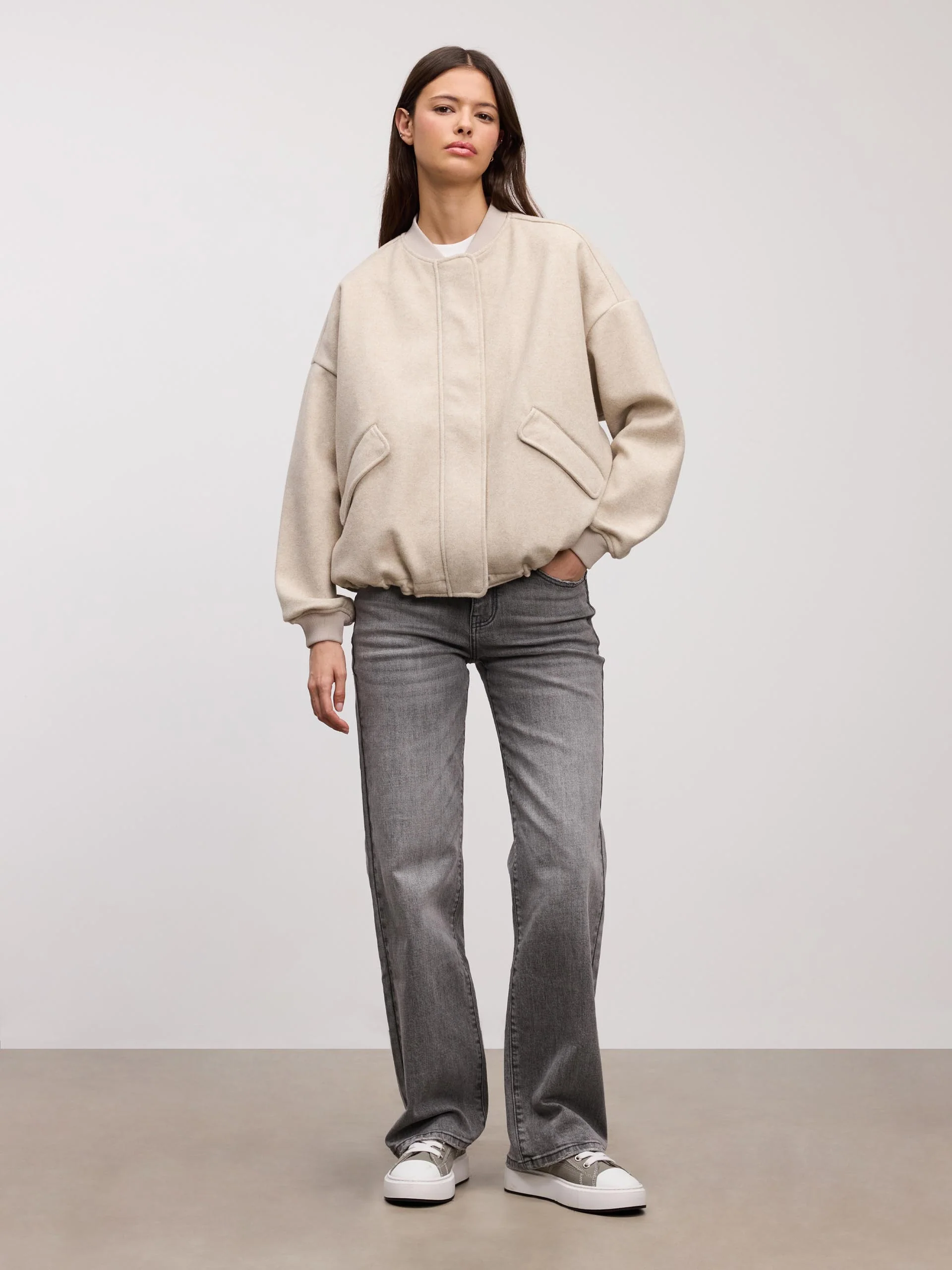 Womens Soft Knitted Bomber Jacket in Stone - Image 3