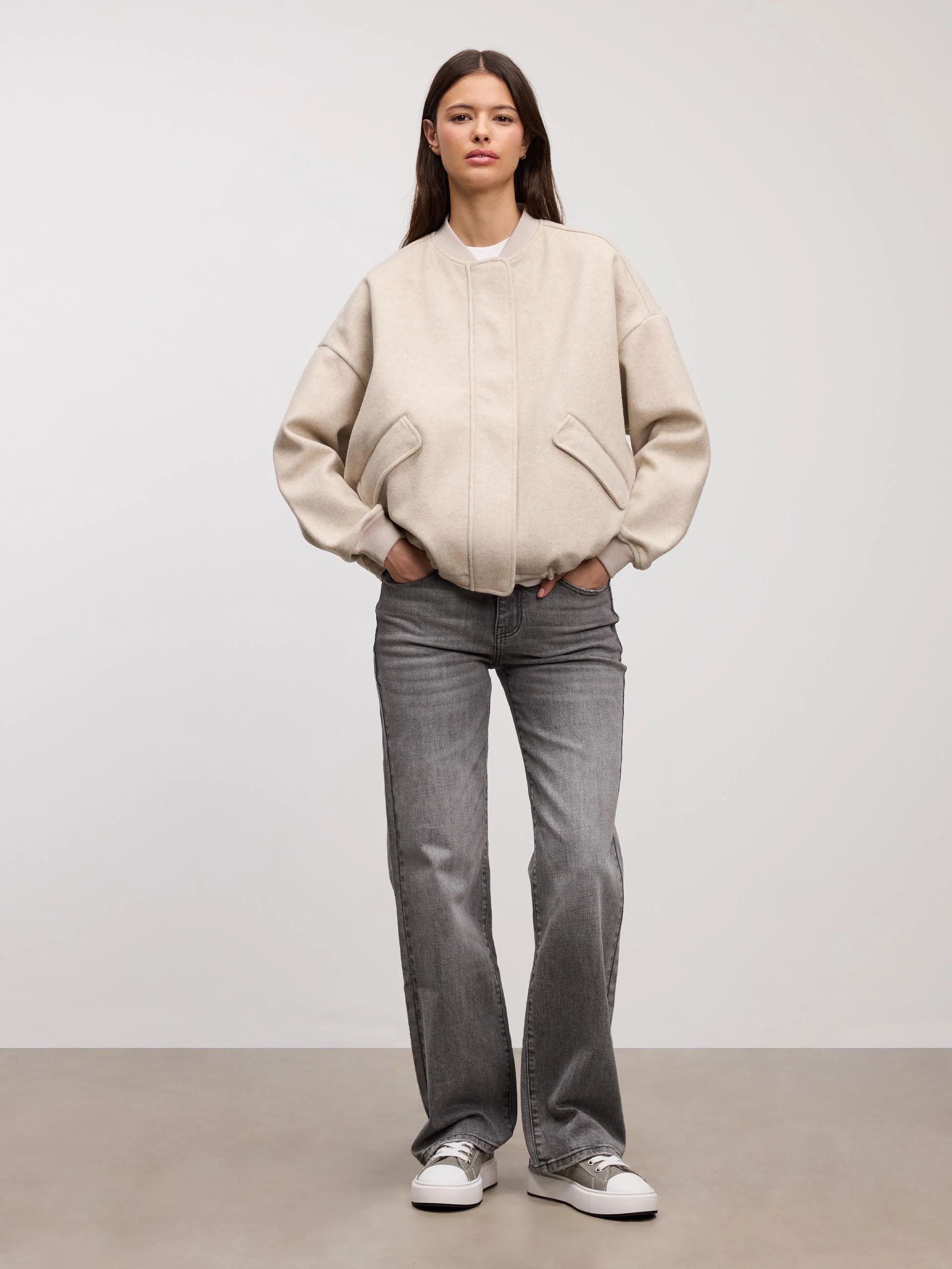 Womens Soft Knitted Bomber Jacket in Stone - Image 5