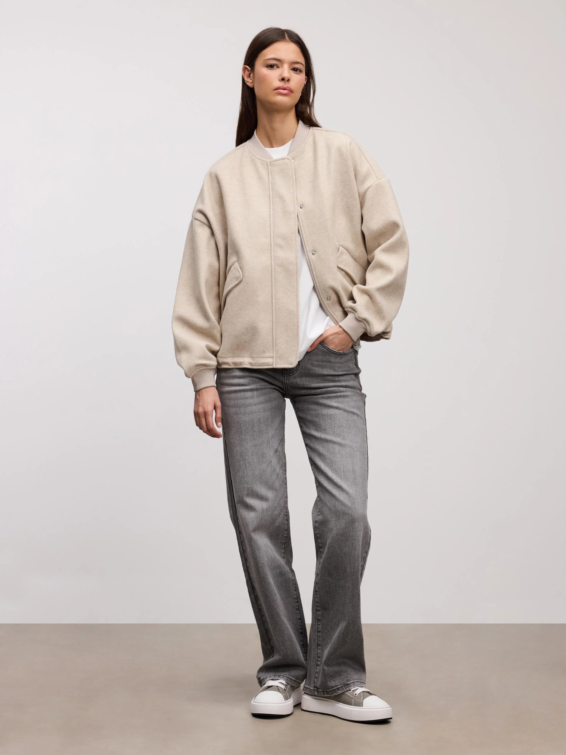 Womens Soft Knitted Bomber Jacket in Stone - Image 6